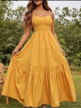 Women’s Lightweight Summer Yellow Smocked Waist Maxi Dress Size L